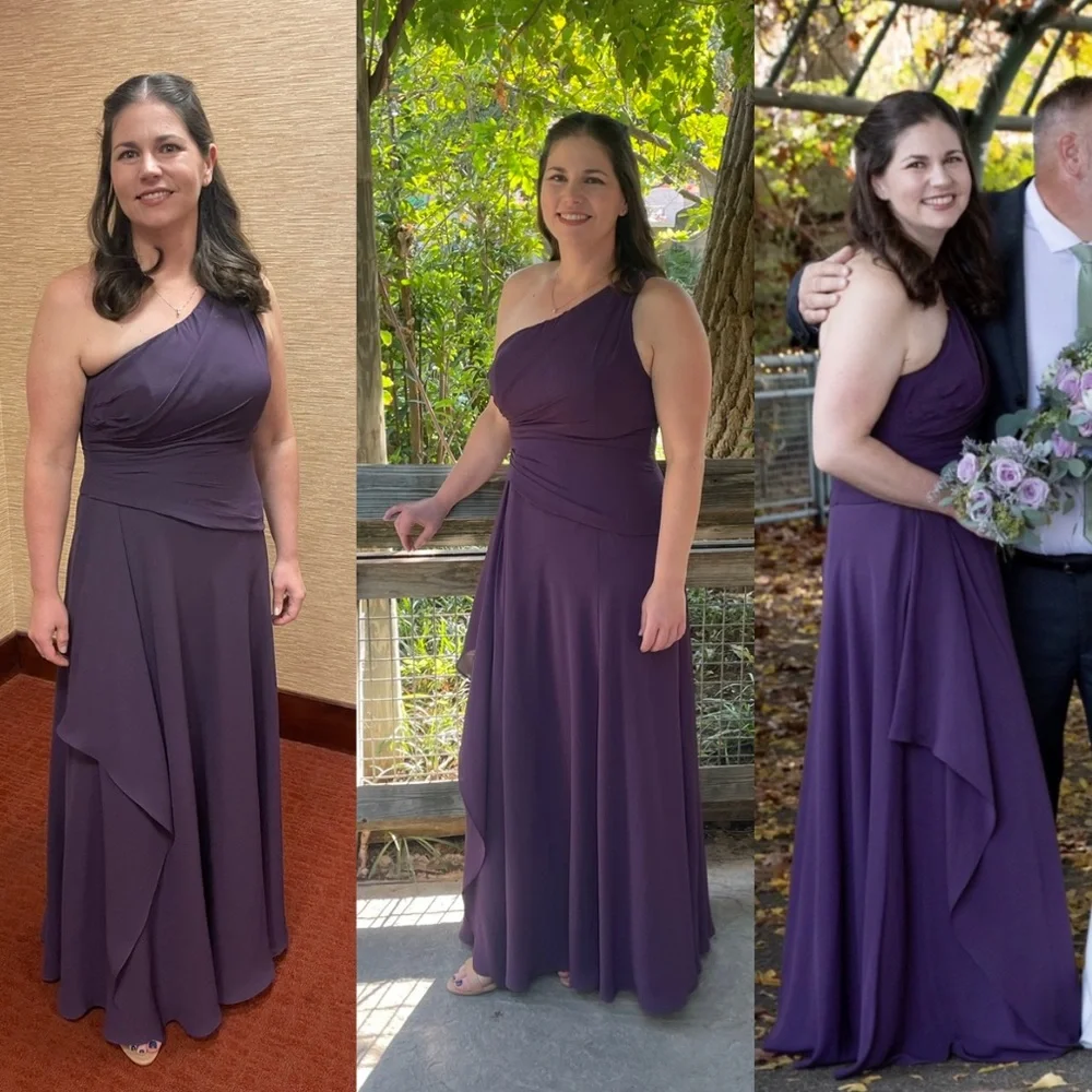 David’s Bridal one shoulder Georgette long bridesmaid dress in PLUM, Size 12 - Picture 4 of 6